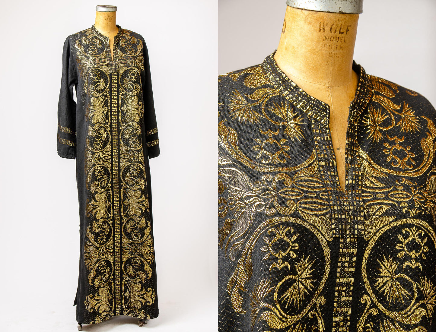 1970s Psychedelic Kaftan Dress Etaoepa Metallic Gold Maxi Dress