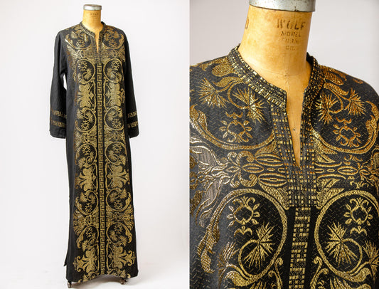 1970s Psychedelic Kaftan Dress Etaoepa Metallic Gold Maxi Dress