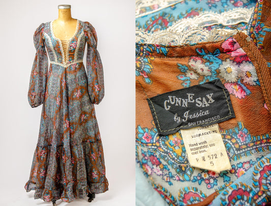 1970s Gunne Sax Black Label Paisley Print Corset Front Bohemian Prairie Dress