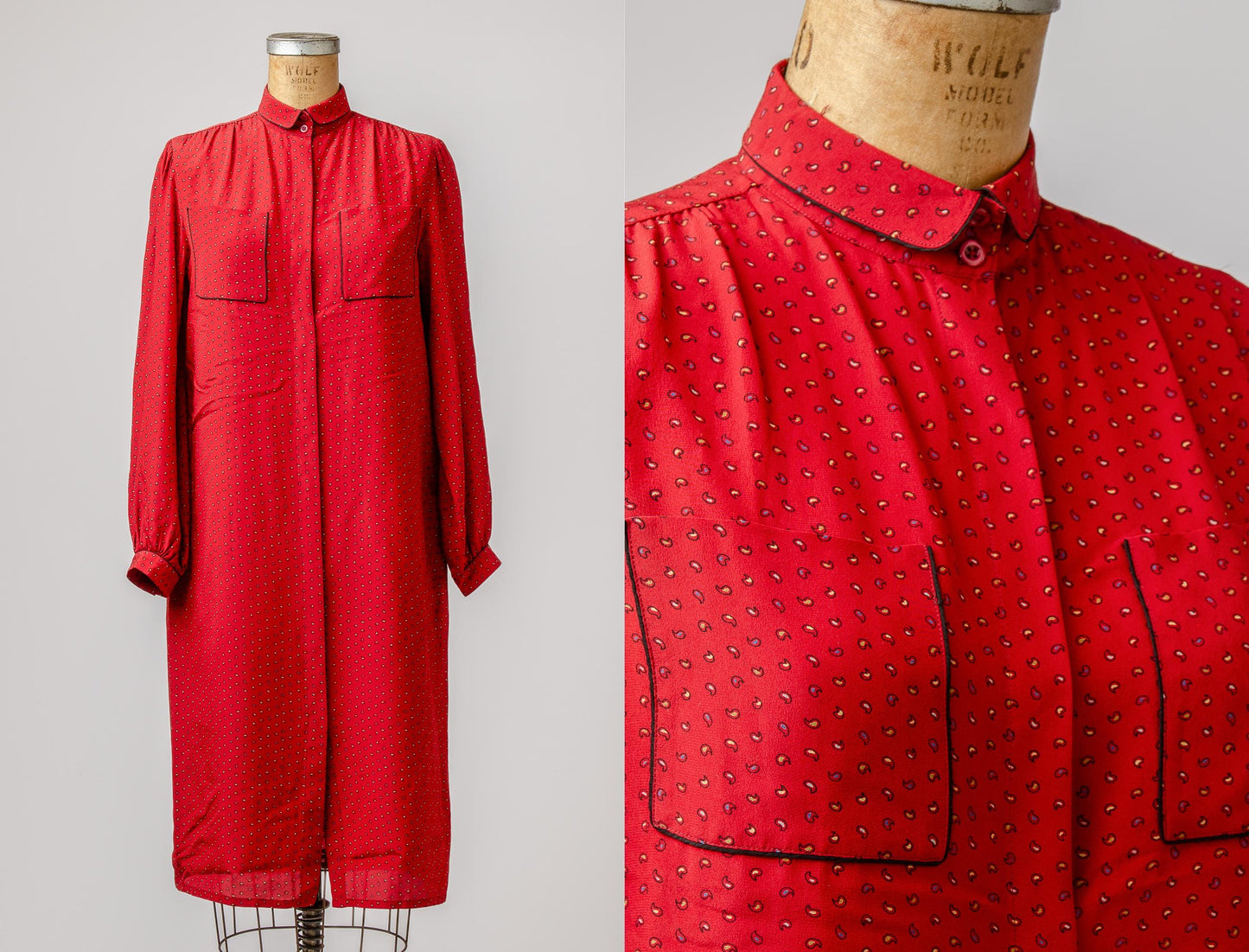 1980s Silk Shirt Dress Red Paisley Print Tunic Dress