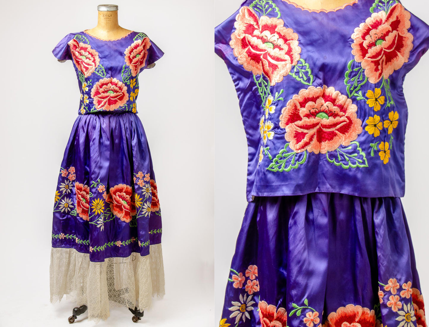 1950s Tehuana Huipil Traje Satin Skirt Set Oaxacan Traditional Dress