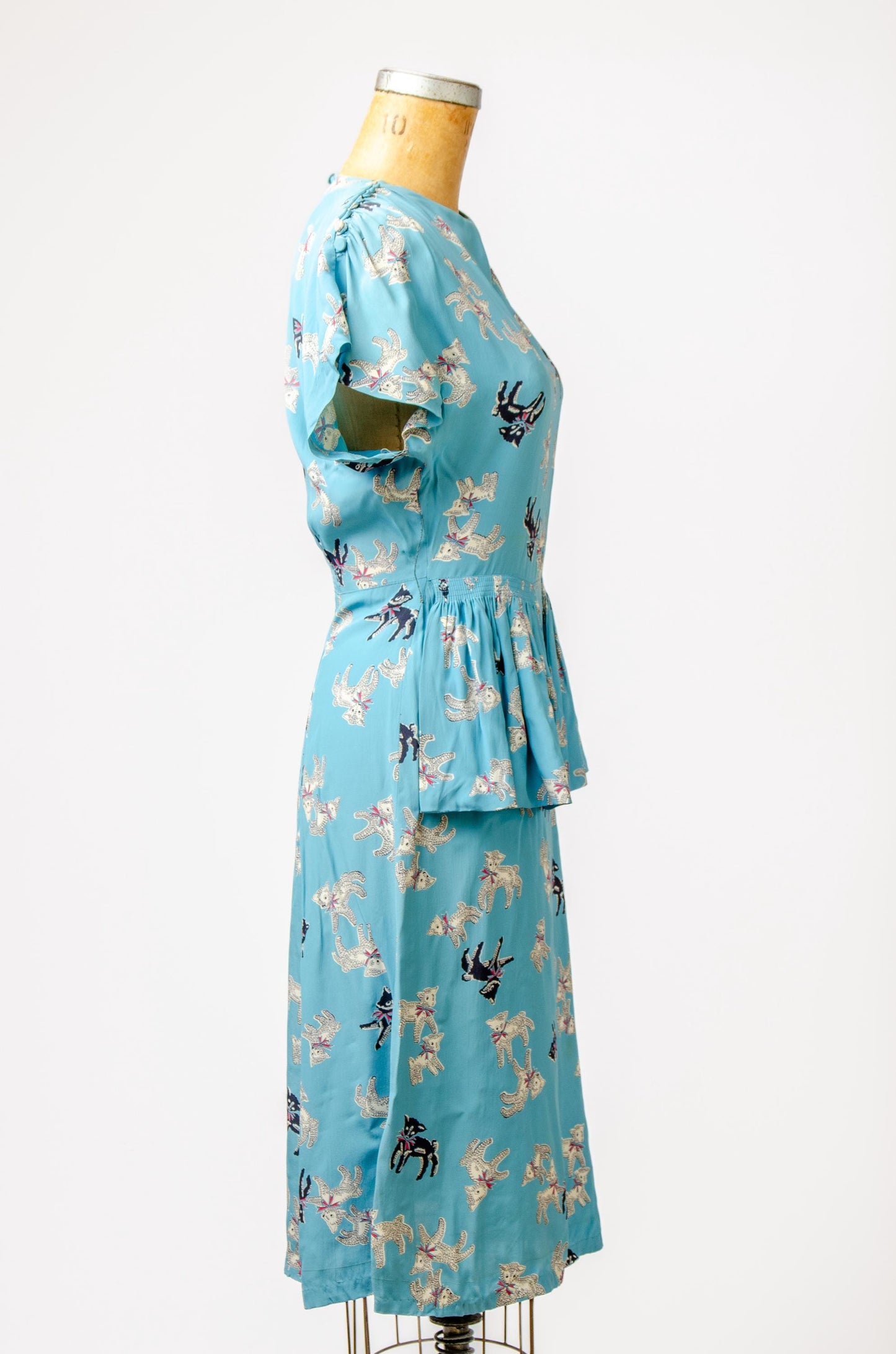 1940s Lamb Novelty Print Rayon Side Zip Cocktail Dress