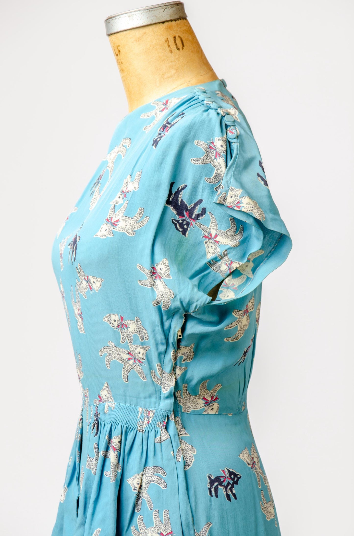 1940s Lamb Novelty Print Rayon Side Zip Cocktail Dress