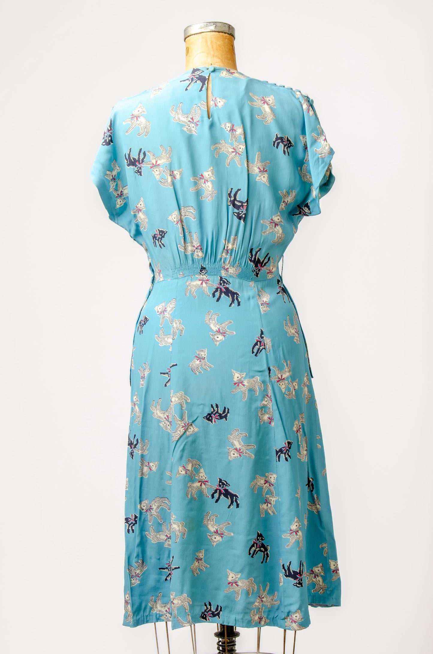 1940s Lamb Novelty Print Rayon Side Zip Cocktail Dress