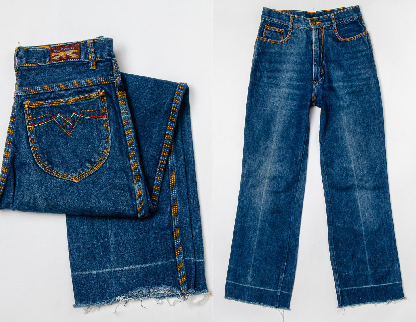 1970s Brittania Rainbow Stitched High Waisted Dark Denim Wide Leg Glam Jeans 26 x 28