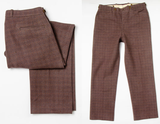 1950s Wool Plaid Work Pants Brown High Waisted Workwear Trousers 36 x 31