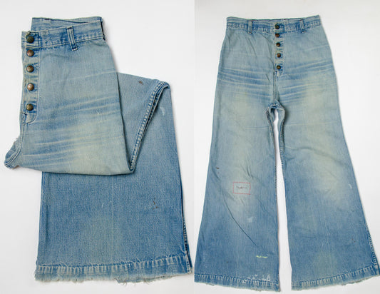 1970s Distressed Bell Bottoms High Waisted Blue Denim Flared Jeans 29 x 31