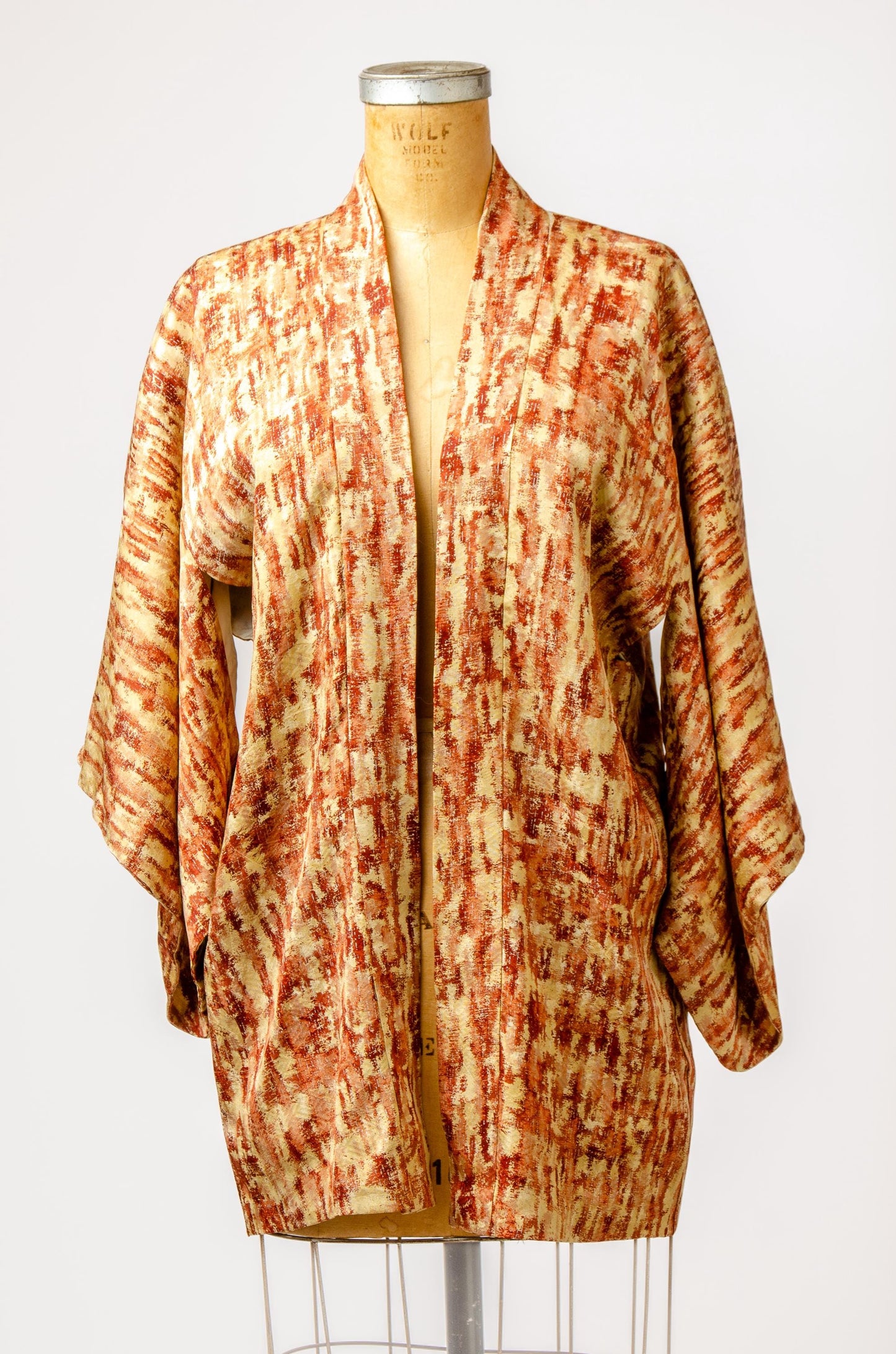 1940s Silk Brushstroke Kimono Burnt Orange Metallic Short Jacket