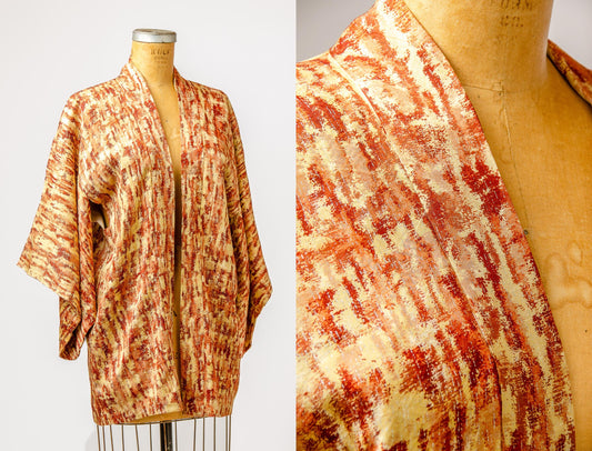 1940s Silk Brushstroke Kimono Burnt Orange Metallic Short Jacket