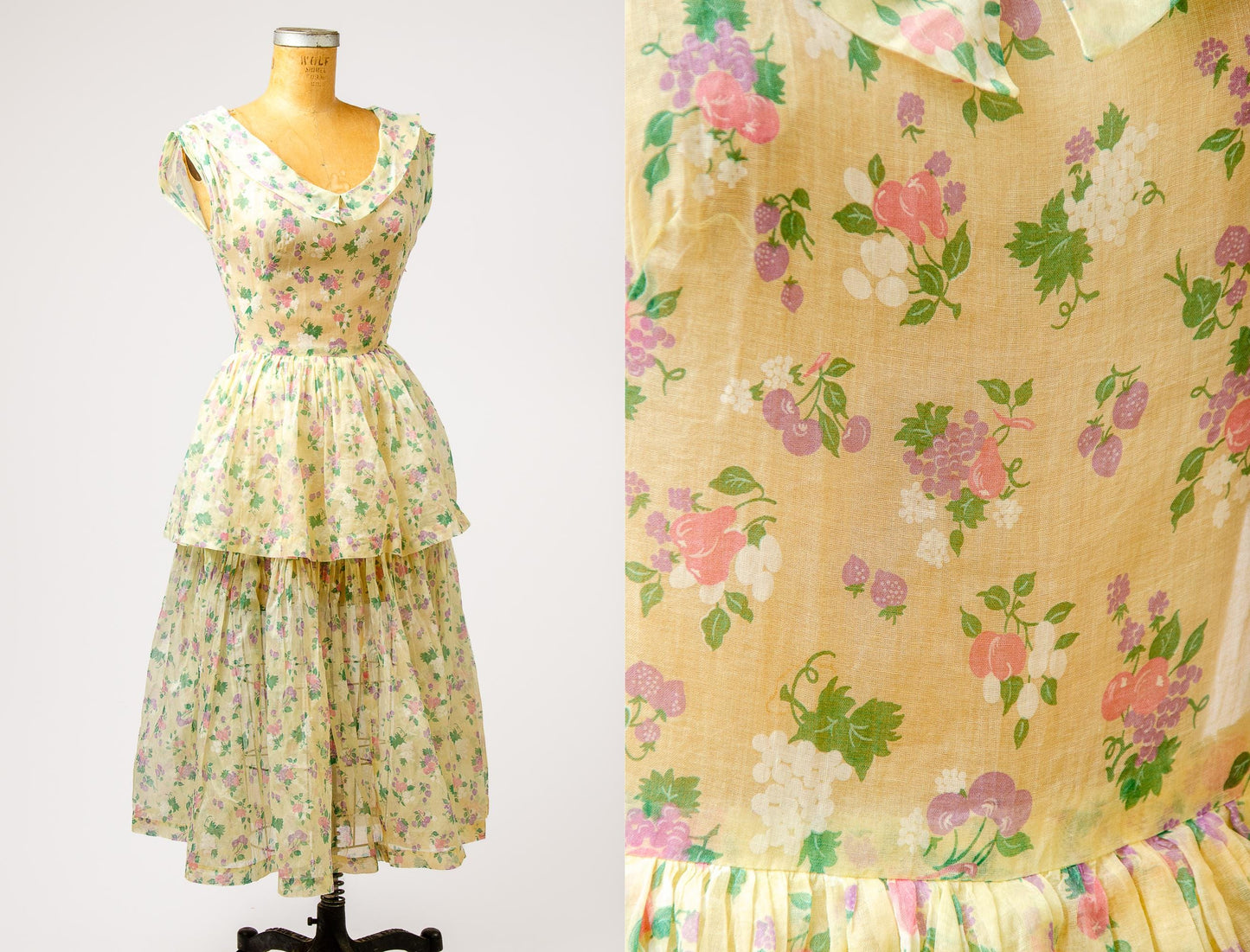 1940s Fruit Salad Cotton Pale Yellow Garden Summer Dress