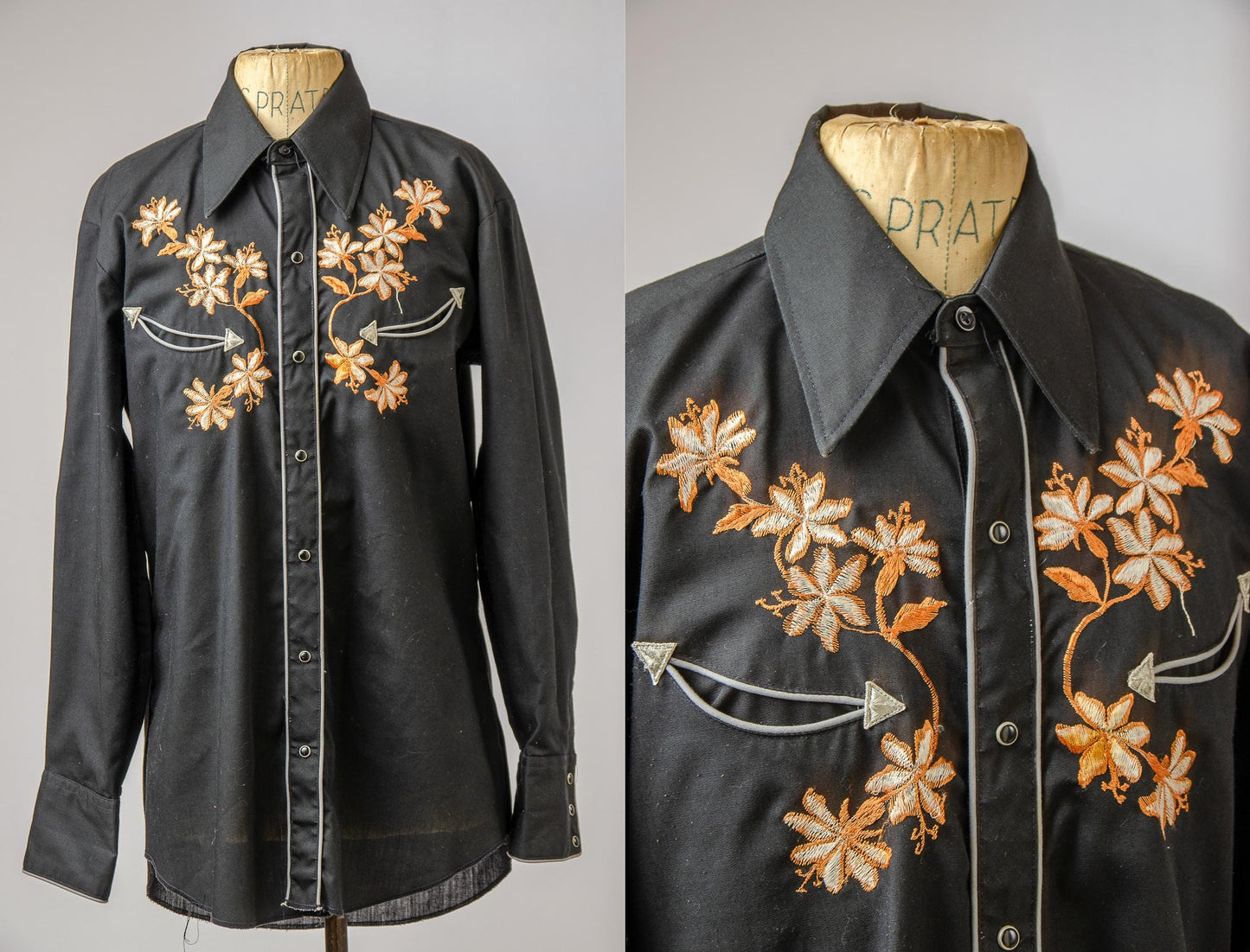 Vintage Black Embroidered Floral Pearl Snap Western Shirt