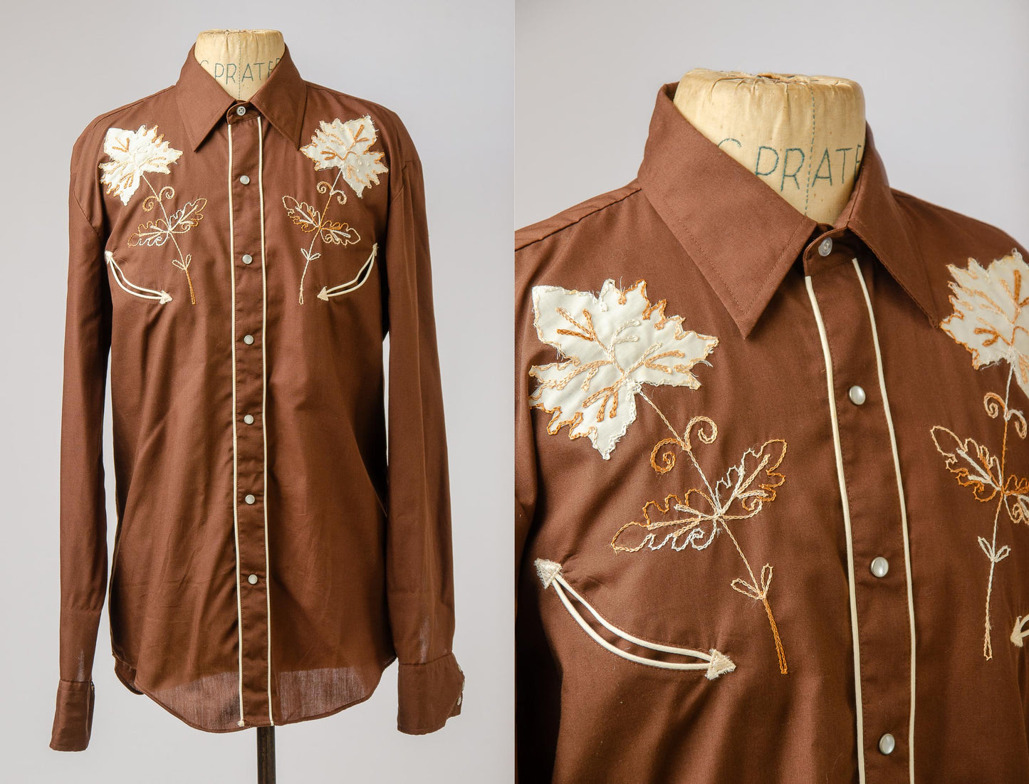 Vintage Brown Embroidered Maple Leaf Pearl Snap Western Shirt