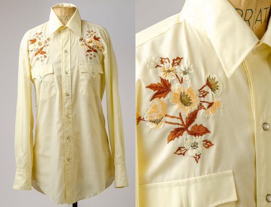 Vintage Ivory and Brown Embroidered Floral Pearl Snap Western Shirt