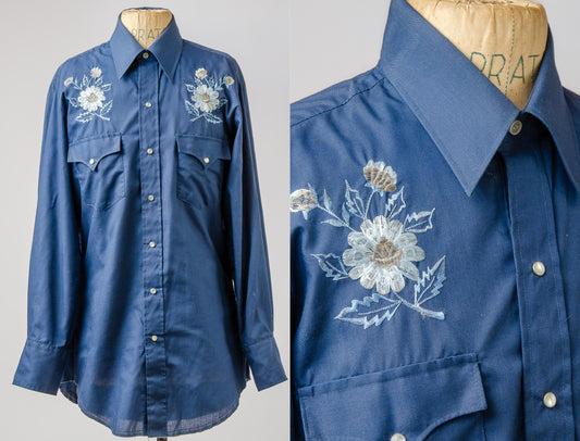 Vintage Blue Embroidered Floral Pearl Snap Western Shirt