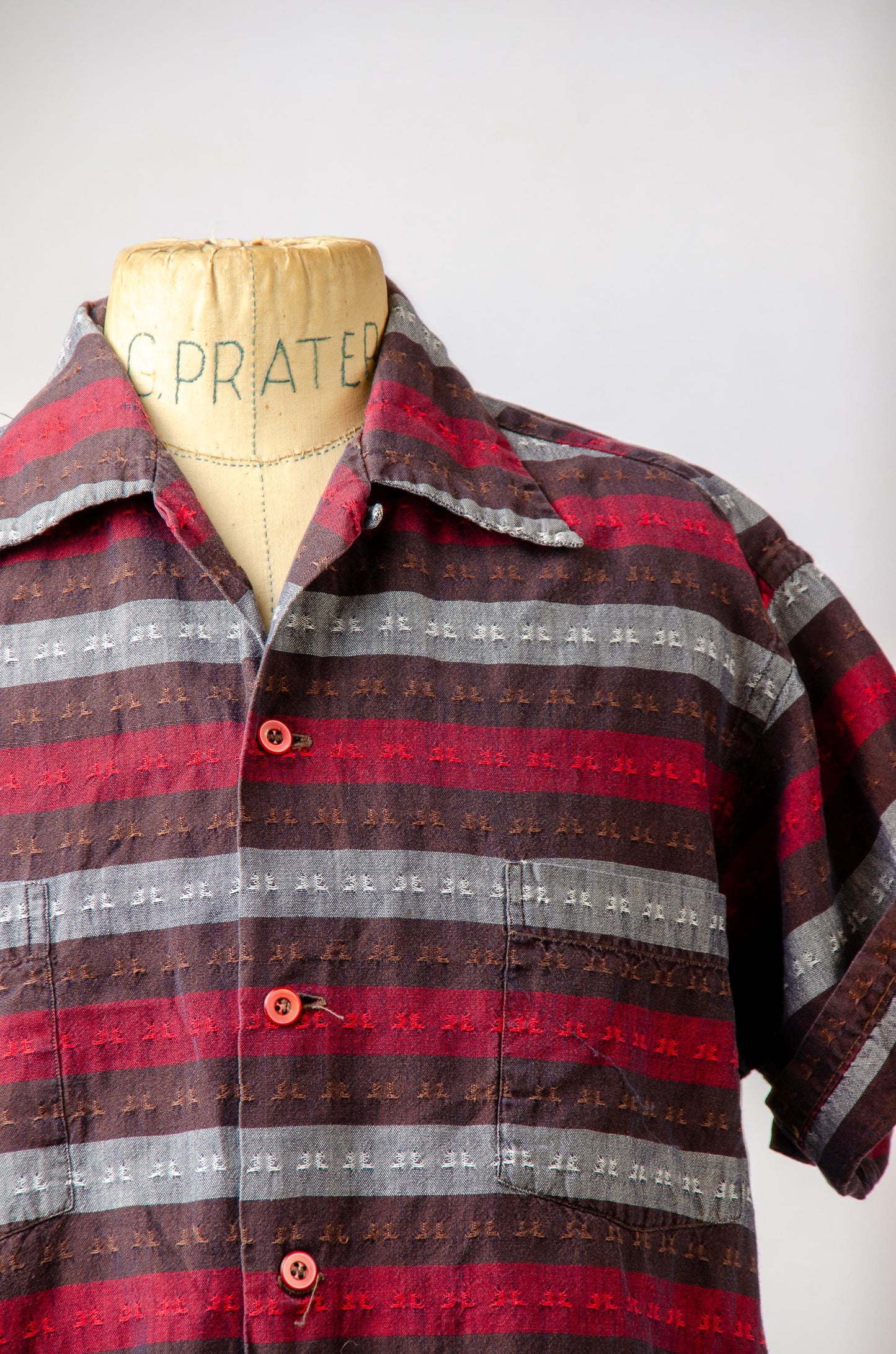 1970s Guatemalan Button Down Shirt Red and Black Woven Folk Shirt