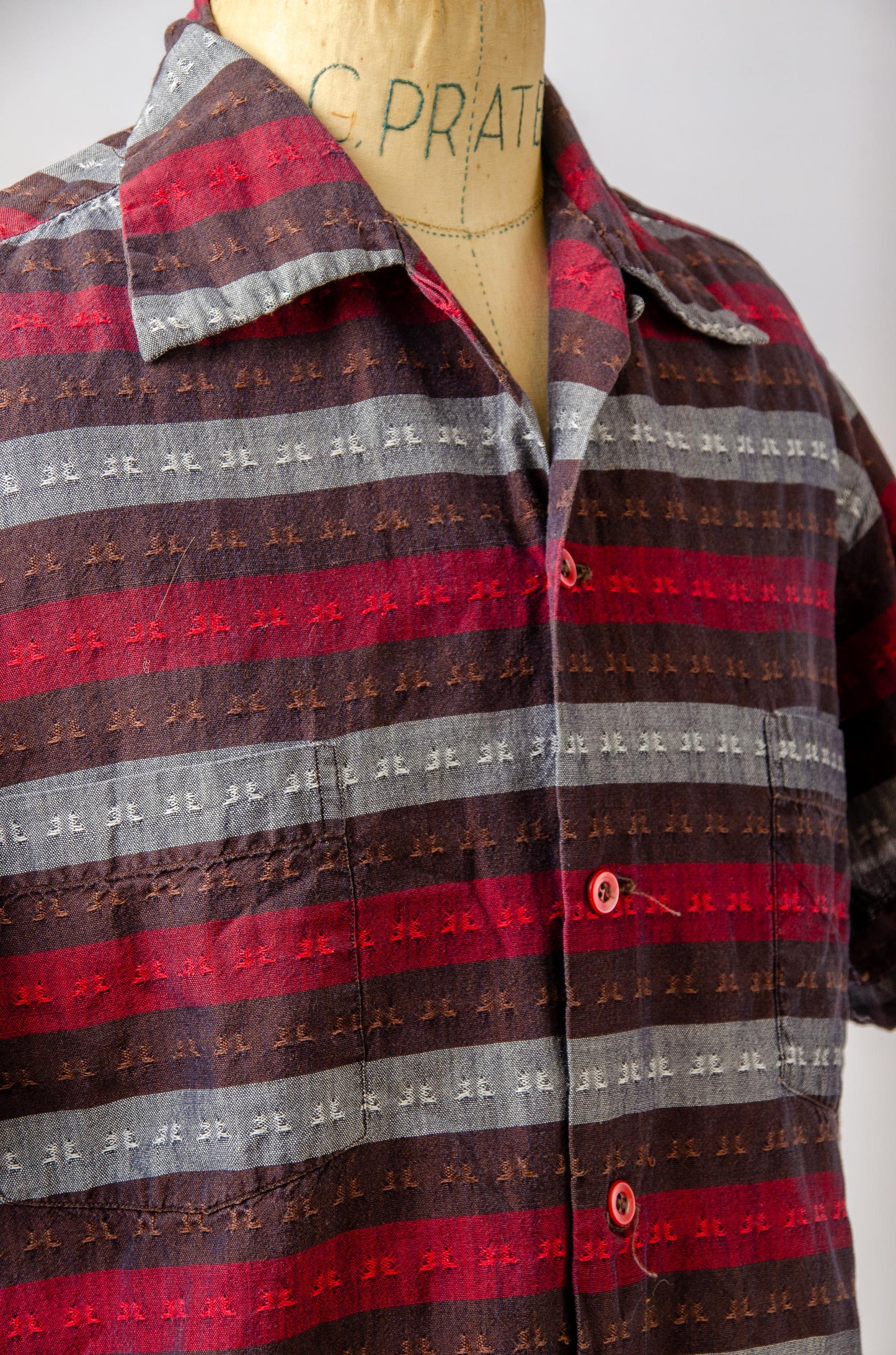 1970s Guatemalan Button Down Shirt Red and Black Woven Folk Shirt