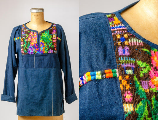 1970s Guatemalan Indigo Denim with Embroidered Folk Shirt