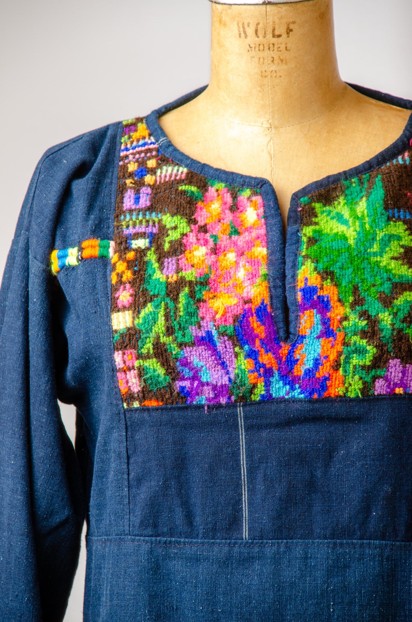 1970s Guatemalan Indigo Denim with Embroidered Folk Shirt