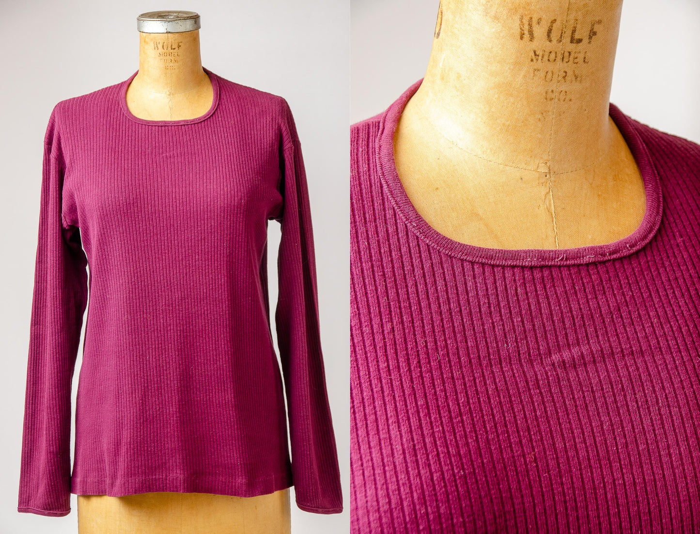 1970s Burgundy Rib Long Sleeve Cotton T Shirt