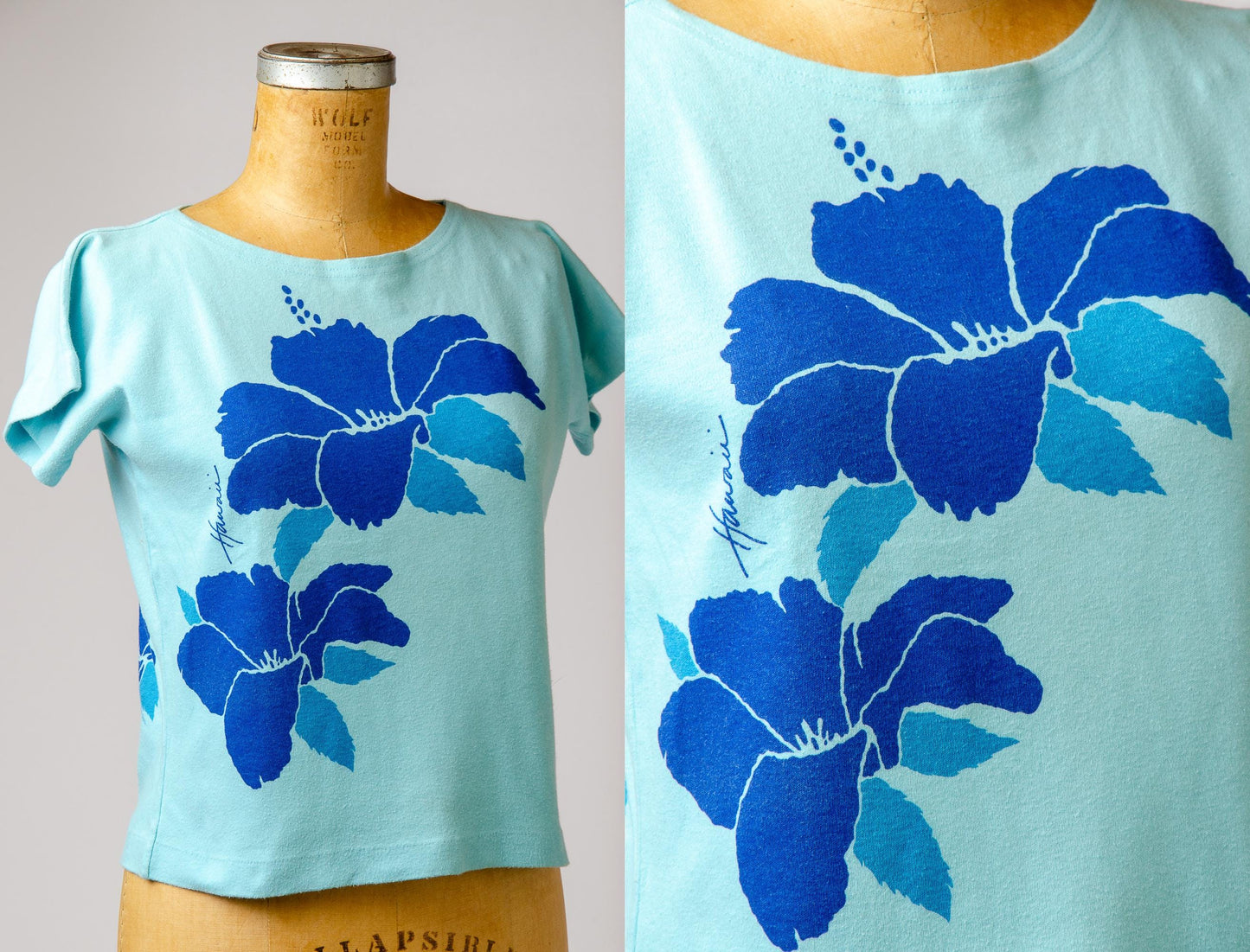 1970s Hawaiian T Shirt Crazy Shirt Blue Floral Bouquet Surf T Shirt