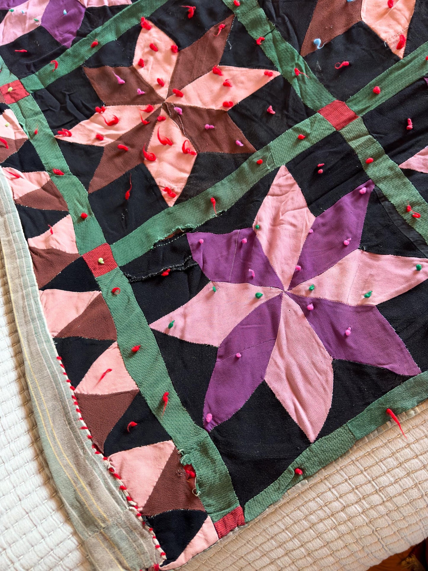 Antique Star Quilt Black and Purple Early Americana Patchwork Quilt 68" x 65"