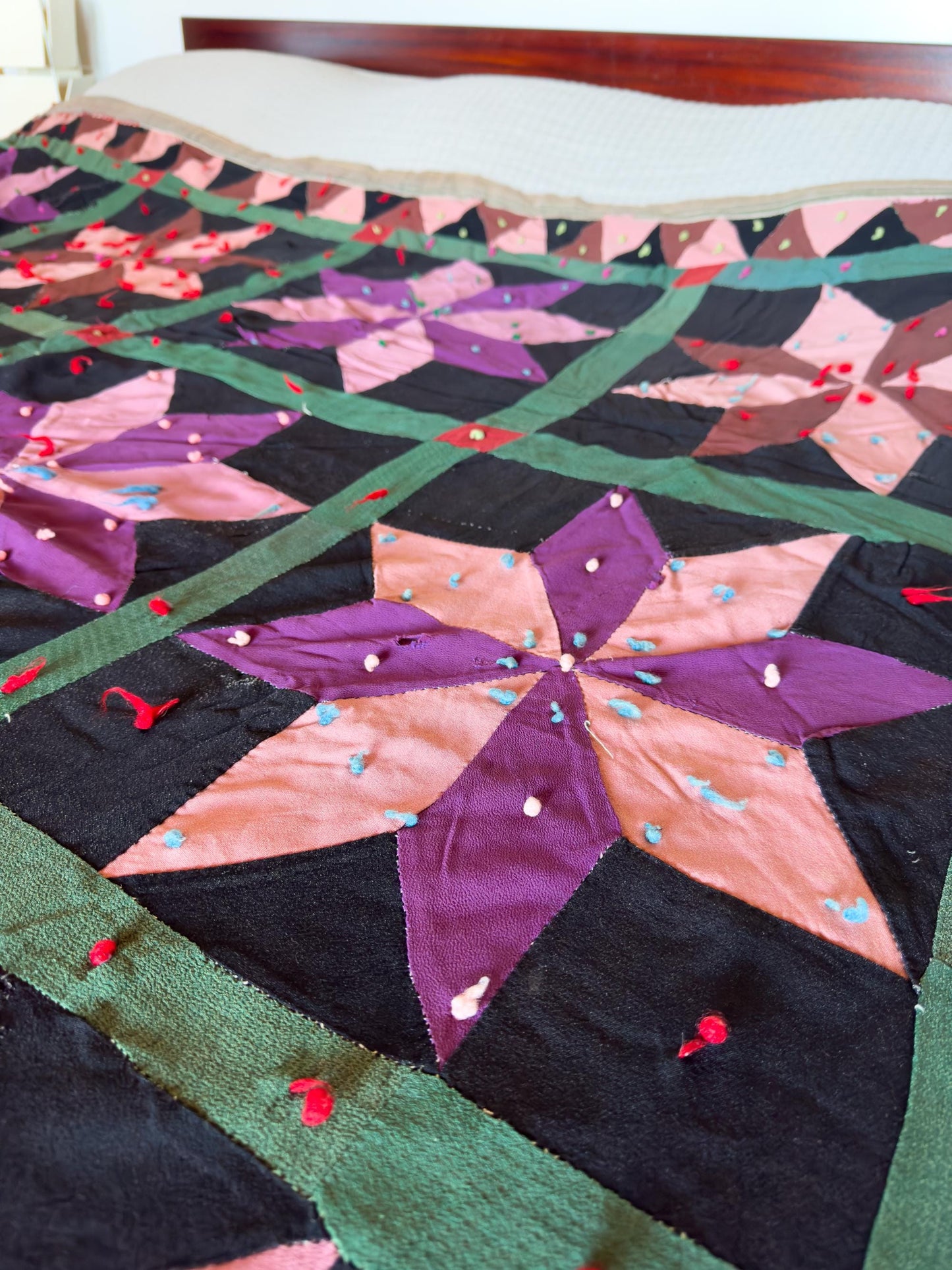 Antique Star Quilt Black and Purple Early Americana Patchwork Quilt 68" x 65"