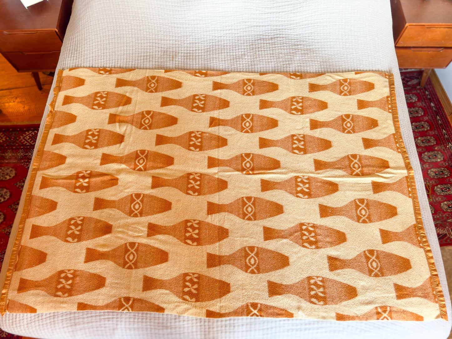 1960s Mexican Pottery Camp Blanket Mustard Yellow Wool Blanket