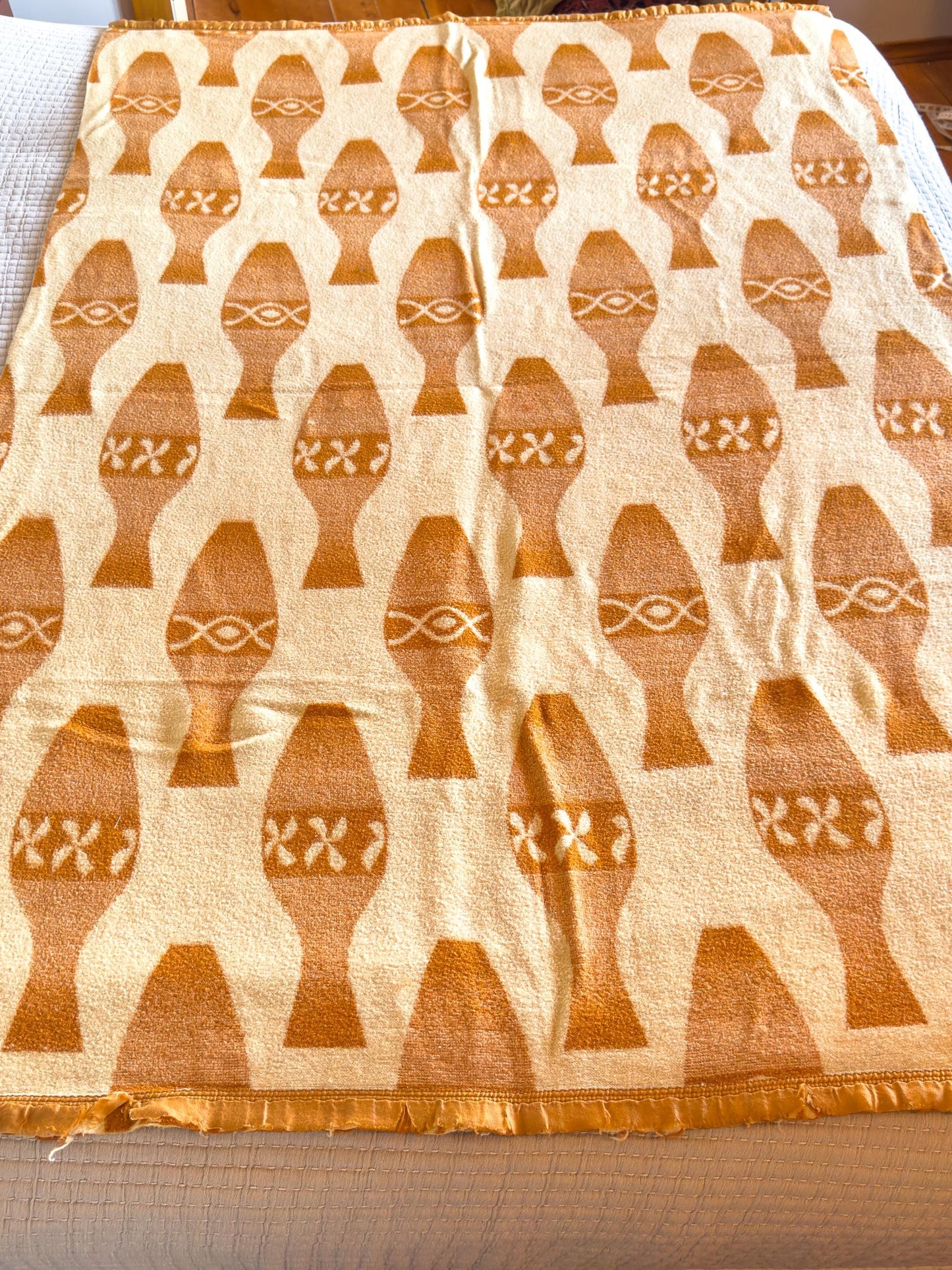 1960s Mexican Pottery Camp Blanket Mustard Yellow Wool Blanket