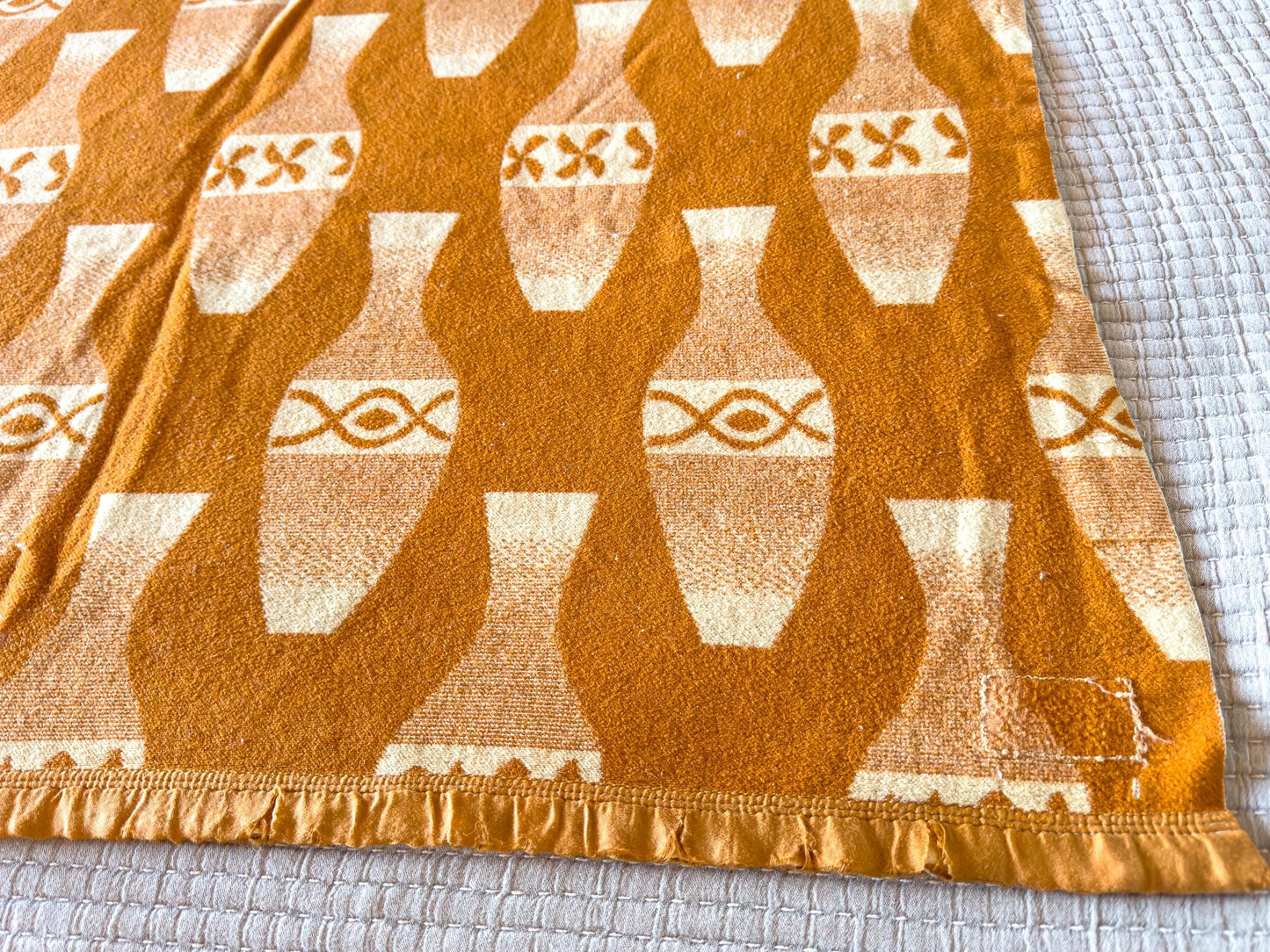 1960s Mexican Pottery Camp Blanket Mustard Yellow Wool Blanket