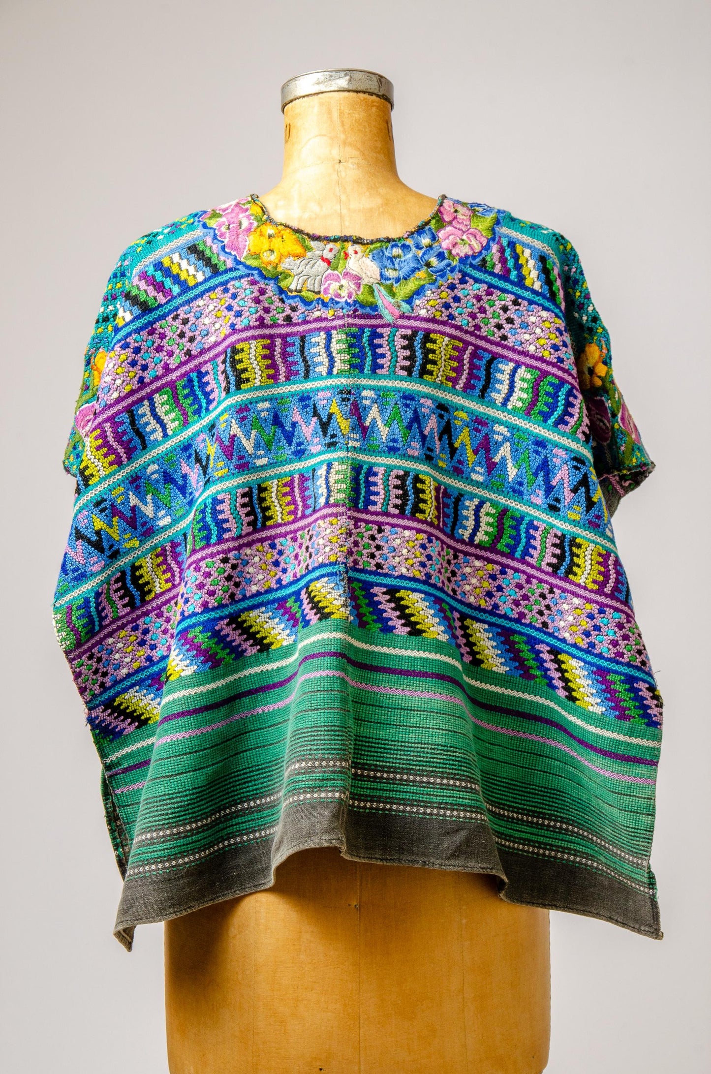 Antique Guatemalan Huipil Blouse Green and Black Hand Woven Traditional Top