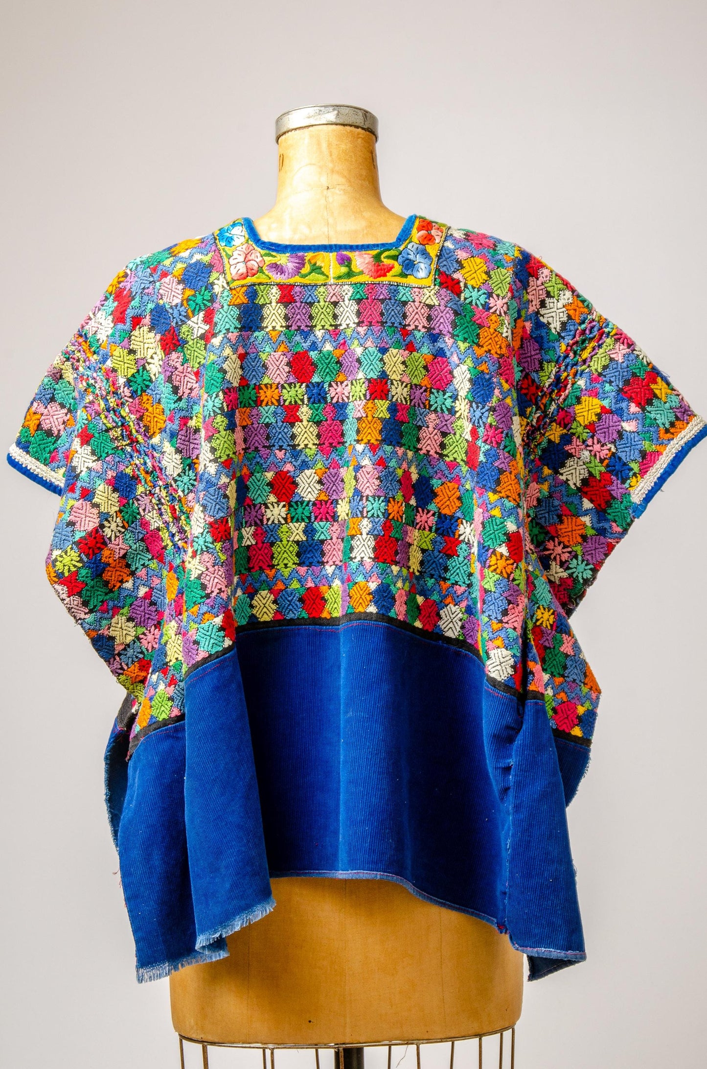 Antique Guatemalan Huipil Blouse Hand Woven on Blue Corduroy Traditional Top