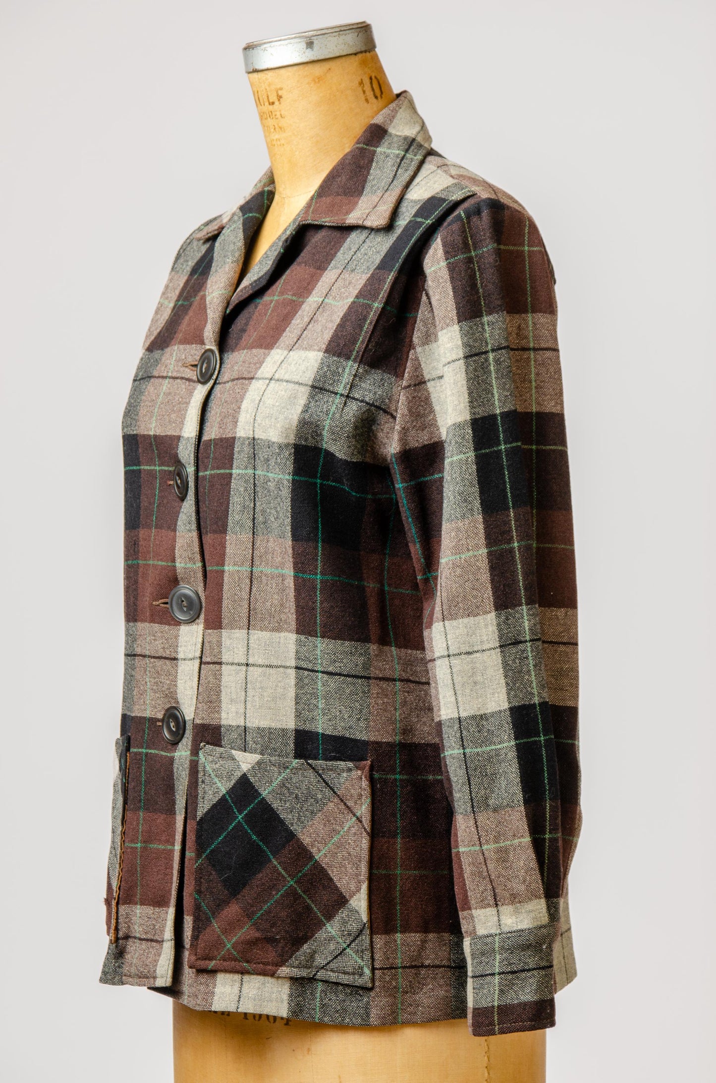 1950s Wool Plaid 49er Style Jacket Cat Eye Button Womens Rockabilly Jacket