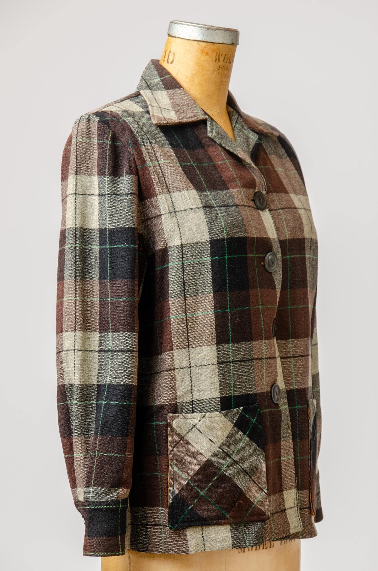 1950s Wool Plaid 49er Style Jacket Cat Eye Button Womens Rockabilly Jacket