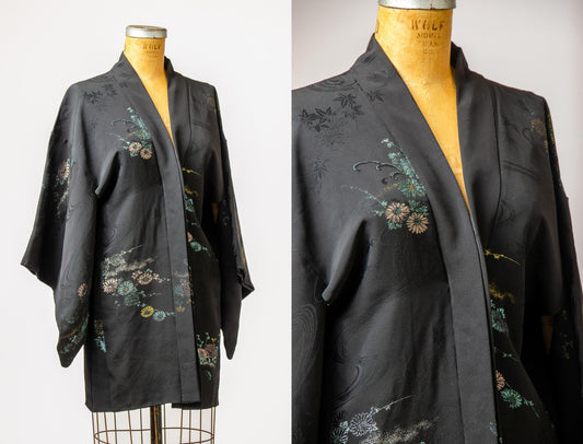 Vintage Black Kimono Sparkle Floral Imported Silk Short Kimono Robe Jacket