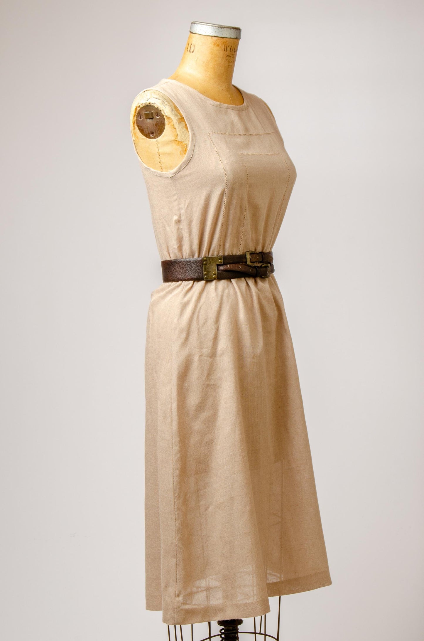 1970s Flax Linen Dress Empire Waist Sleeveless Midi Dress