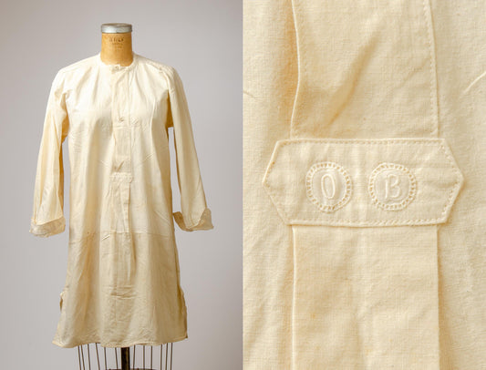 1800s Antique Linen Smock Embroidered Mens Nightshirt