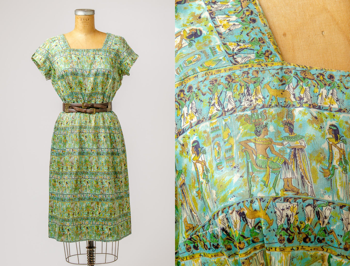 1940s Egyptian Novelty Dress Sateen Cotton Side Zip Dress