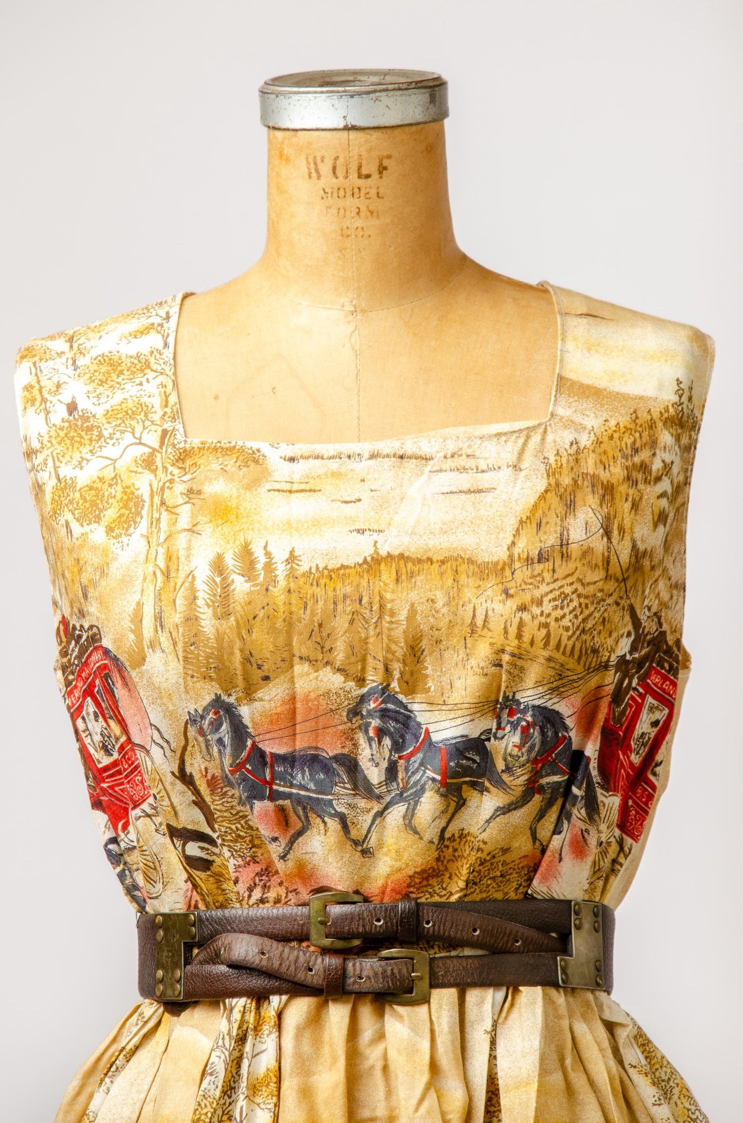 1950s Scenic Print Horse and Carriage Cotton Sleeveless Dress