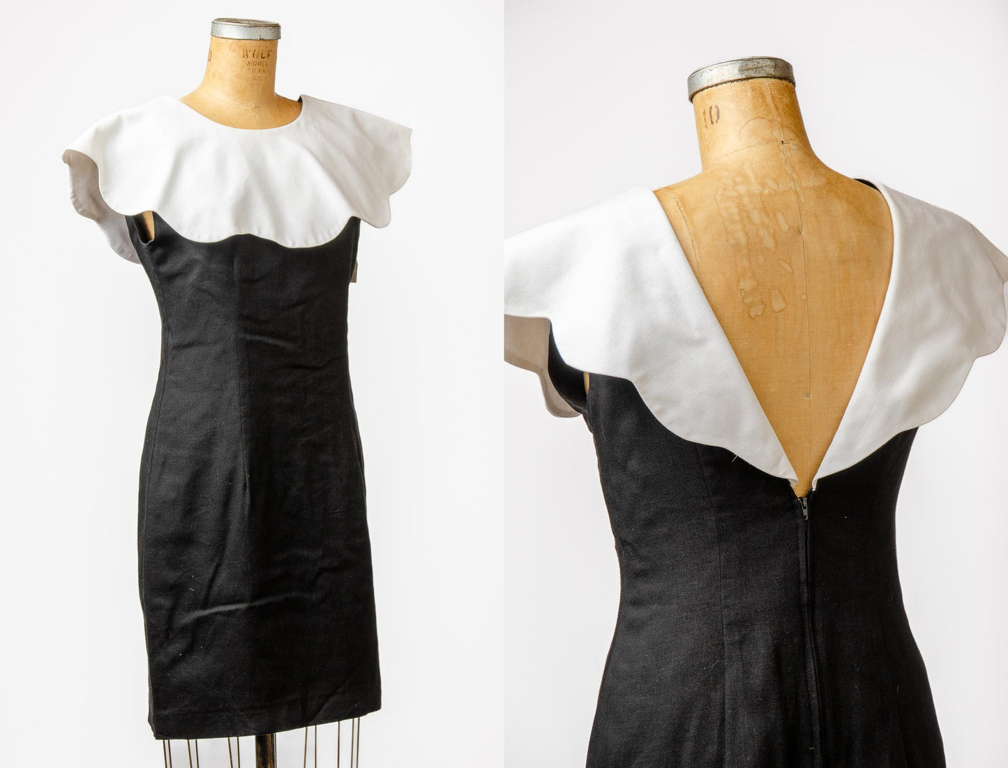 1980s Egg Dress Black and White Linen Modern Shift Dress