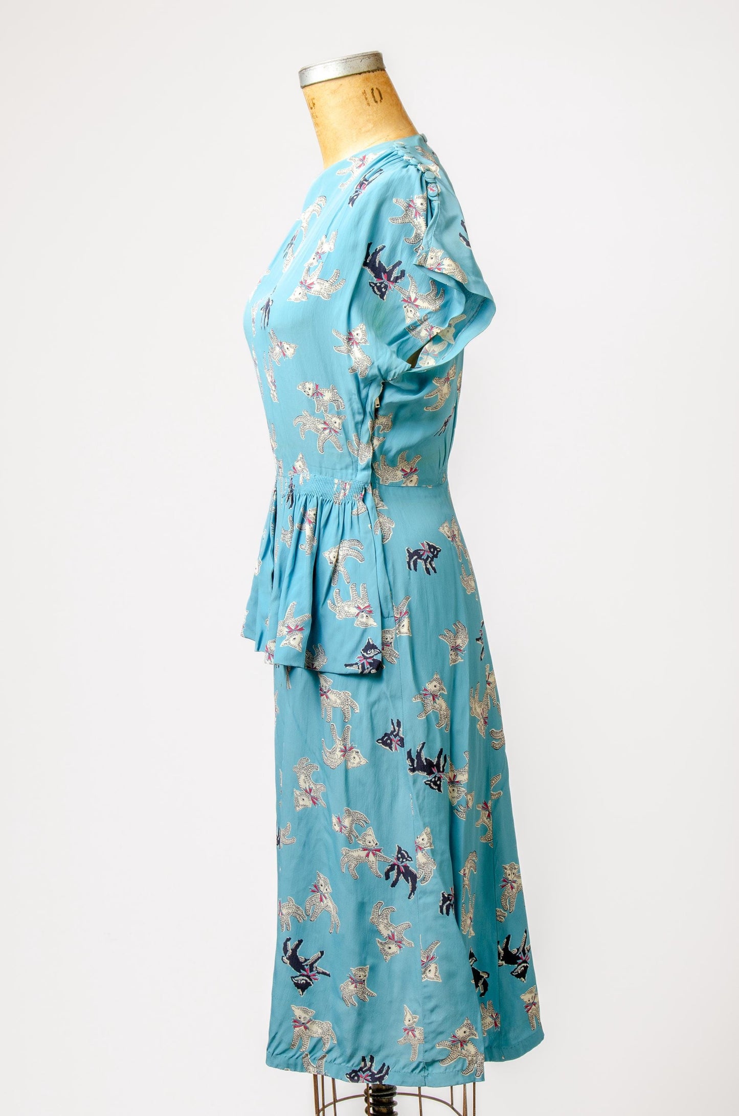 1940s Lamb Novelty Print Rayon Side Zip Cocktail Dress