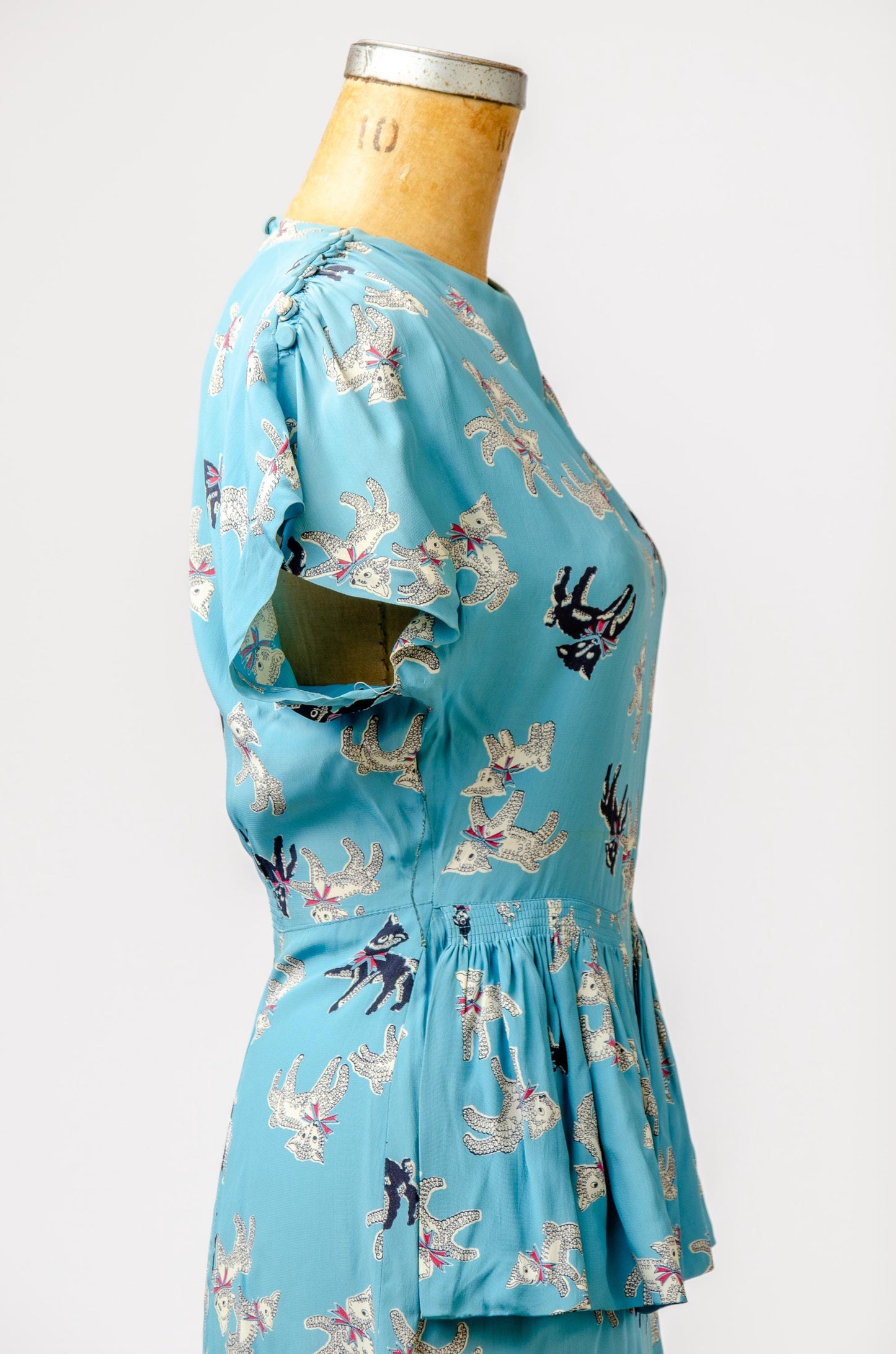 1940s Lamb Novelty Print Rayon Side Zip Cocktail Dress