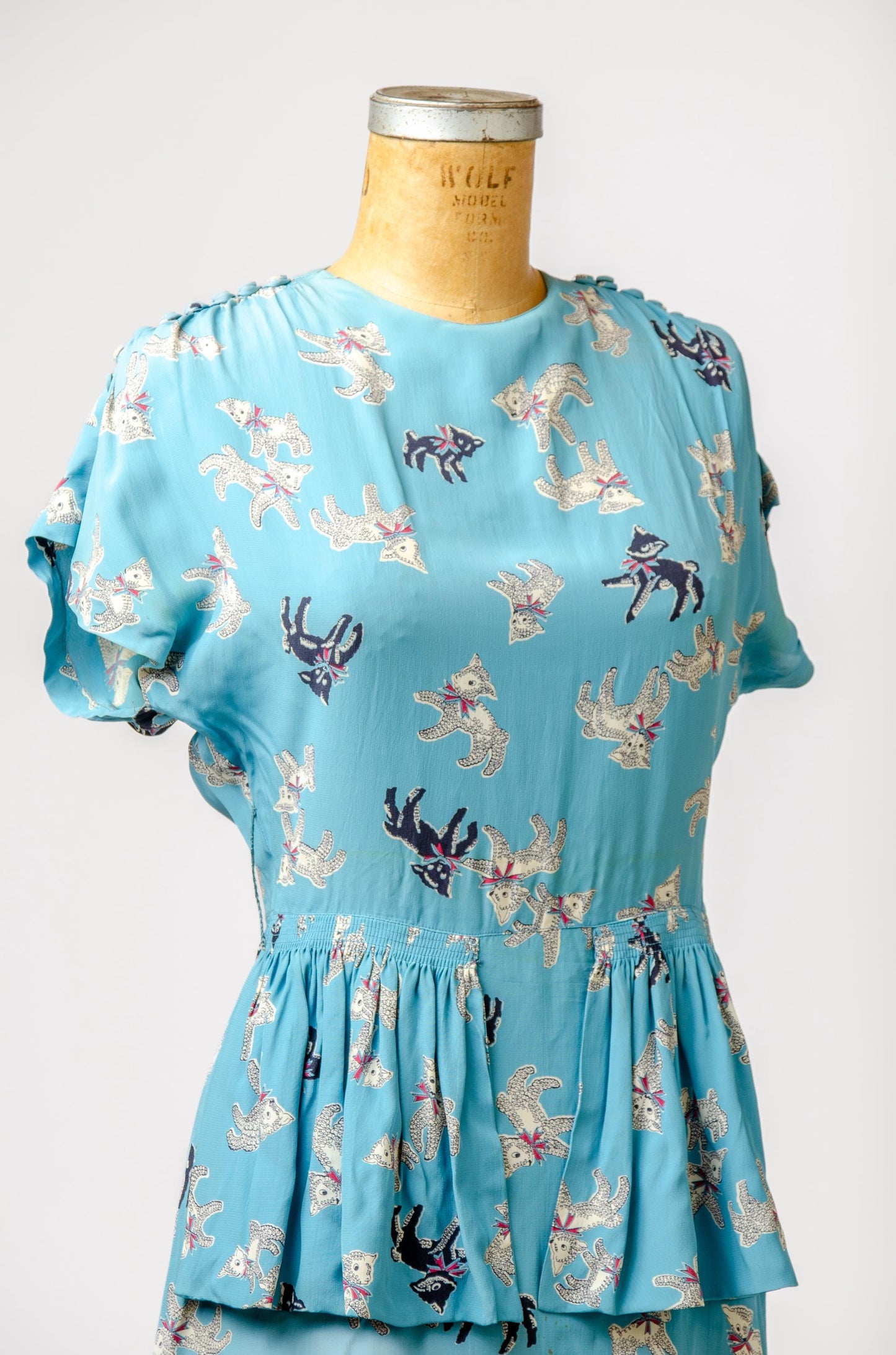 1940s Lamb Novelty Print Rayon Side Zip Cocktail Dress