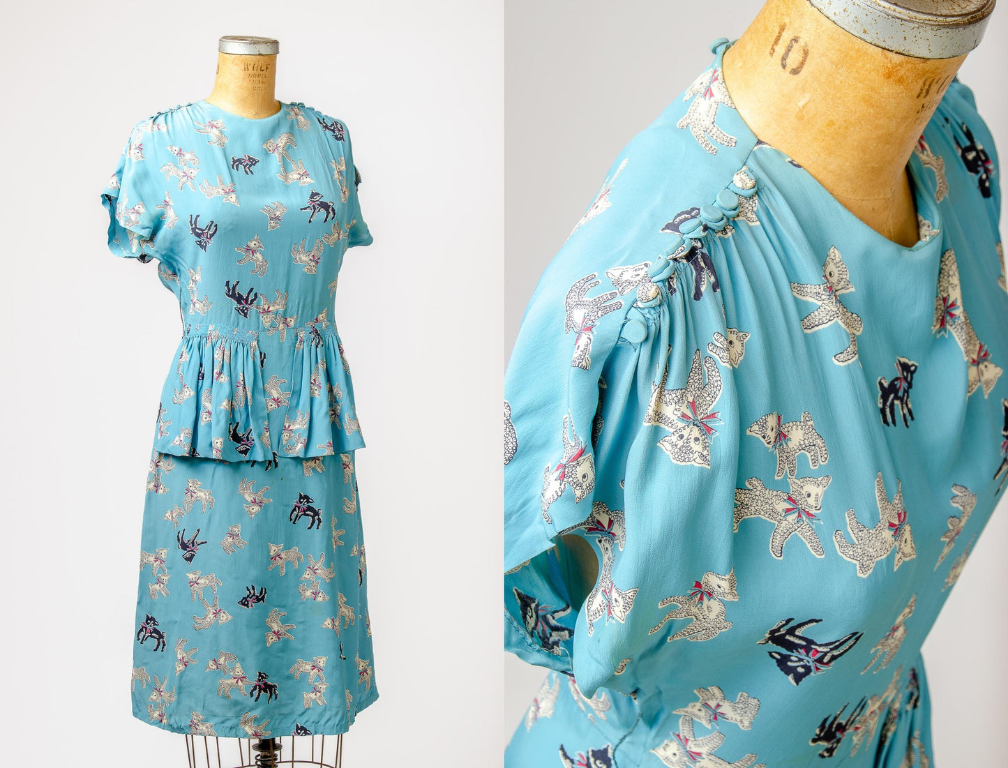 1940s Lamb Novelty Print Rayon Side Zip Cocktail Dress