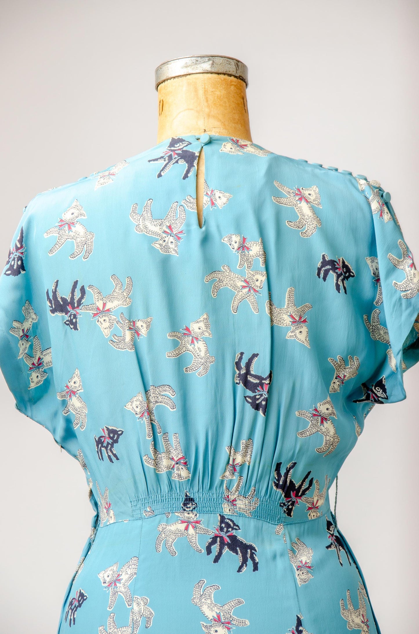 1940s Lamb Novelty Print Rayon Side Zip Cocktail Dress