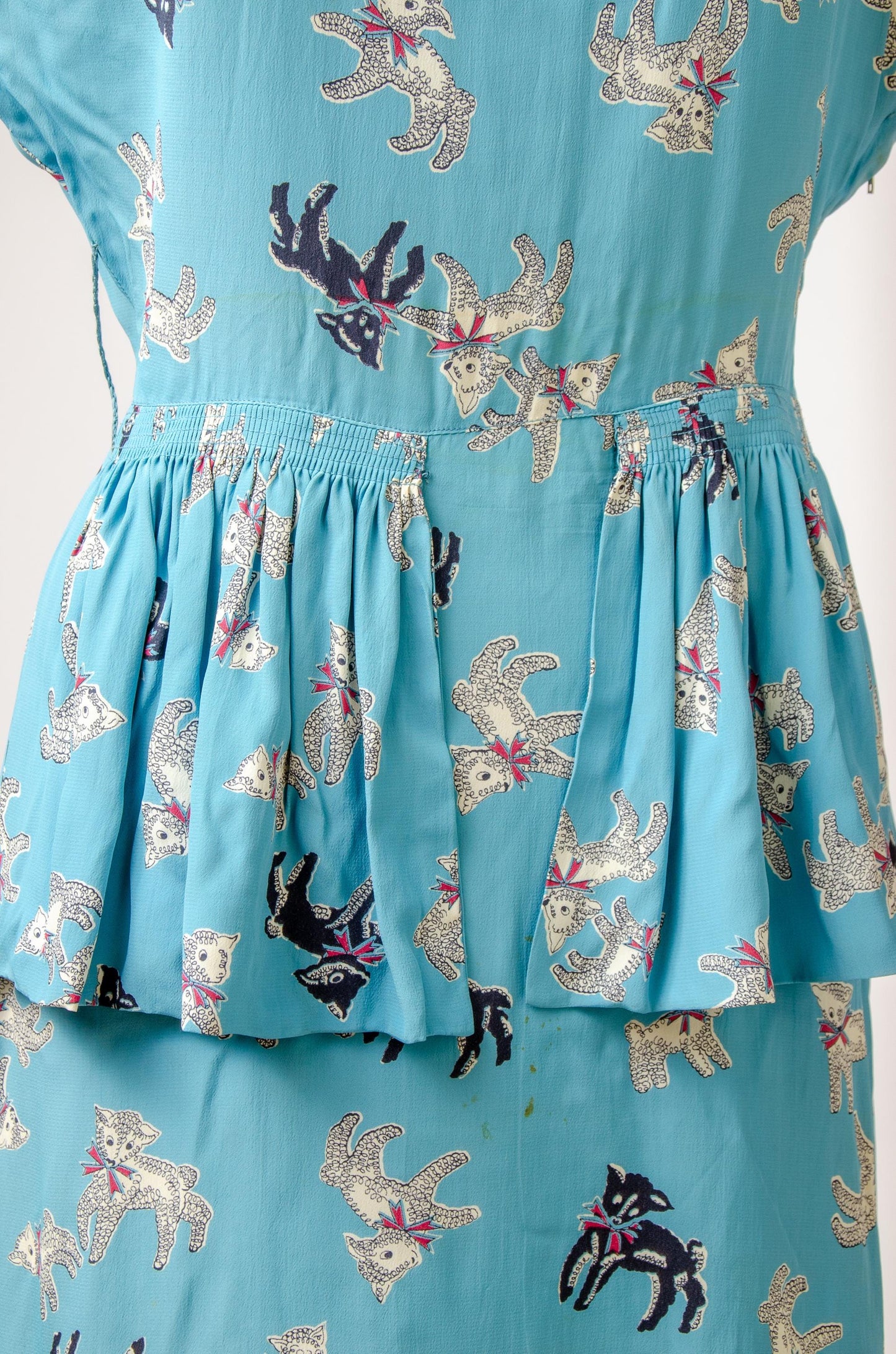 1940s Lamb Novelty Print Rayon Side Zip Cocktail Dress