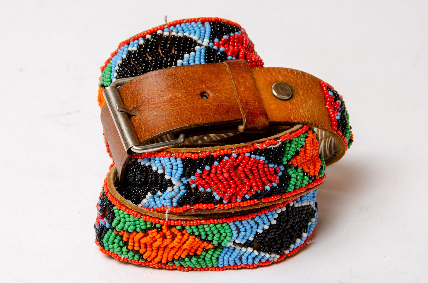 Vintage African Hand Beaded Tribal Leather Belt