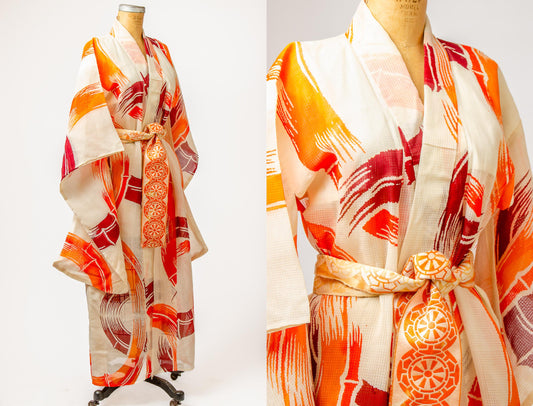 1920s Silk Watercolor Bamboo Kimono Sheer Silk Full Belted Kimono Jacket