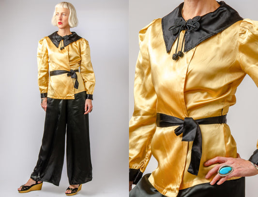 1930s Mustard Satin Beach Pajamas Two Piece Art Deco Set