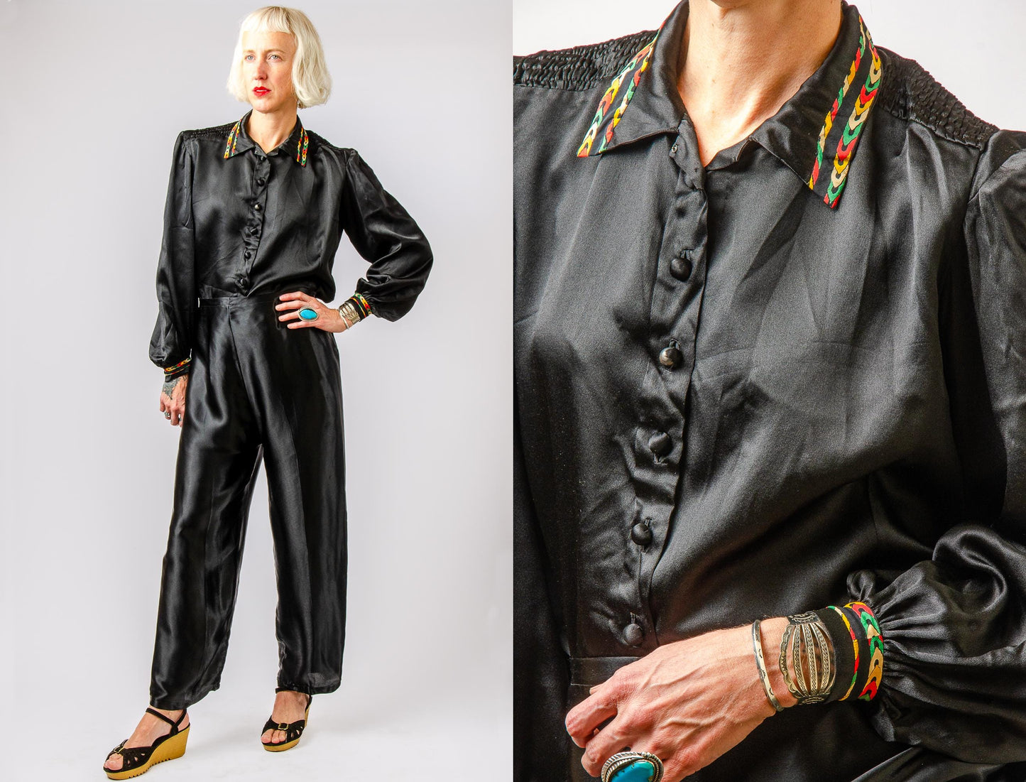 1930s Art Deco Satin Two Piece Set Black Beach Pajama Set