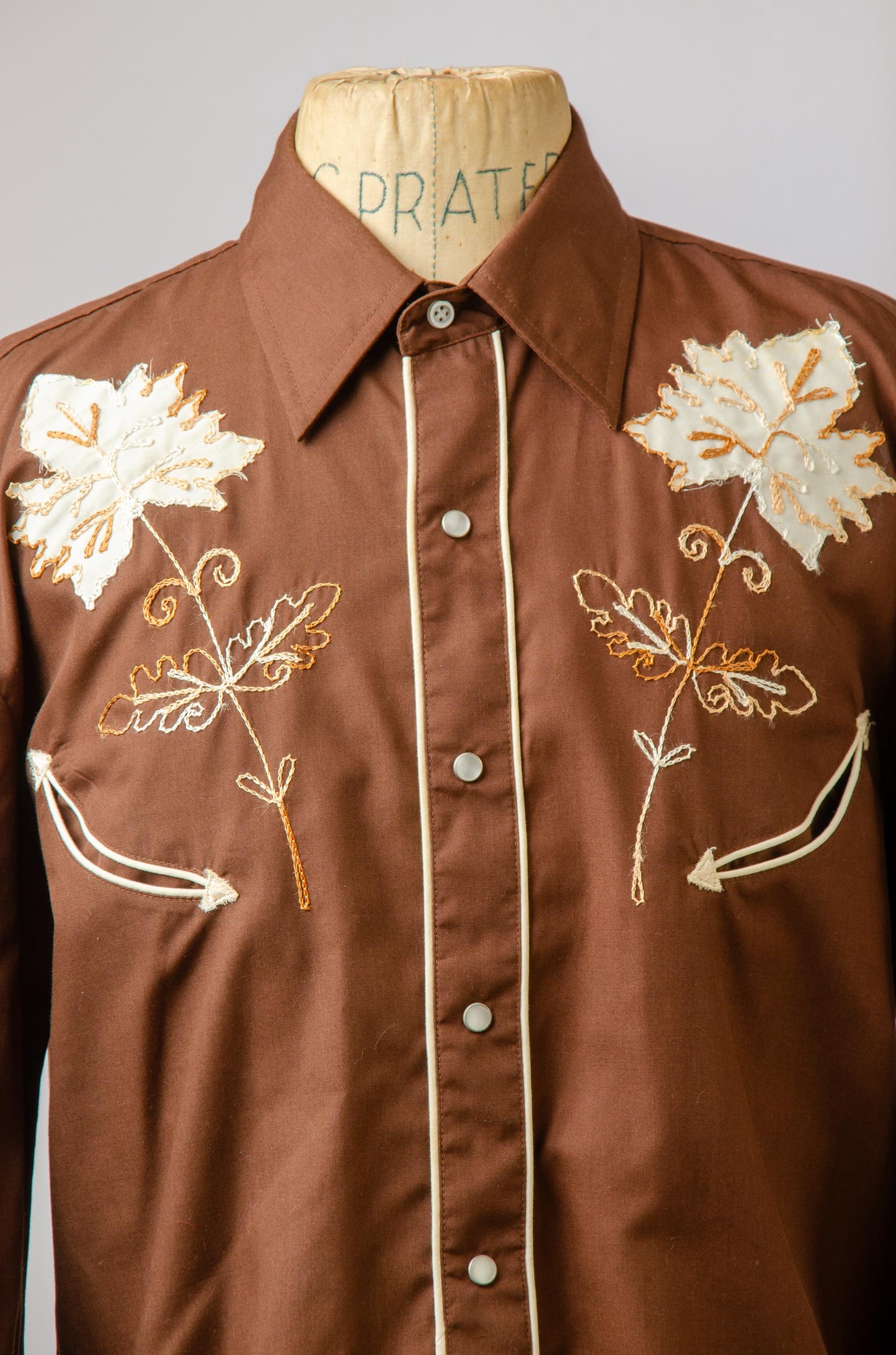 Vintage Brown Embroidered Maple Leaf Pearl Snap Western Shirt